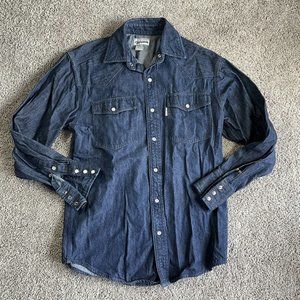 Carhartt Men’s Work Wear Sz Medium Blue Denim Pearl Snaps Long Sleeve Shirt Vtg
